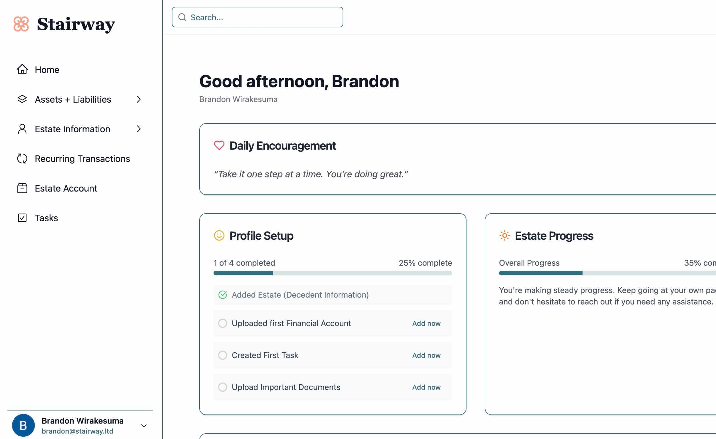 Preview of Stairway's estate settlement dashboard